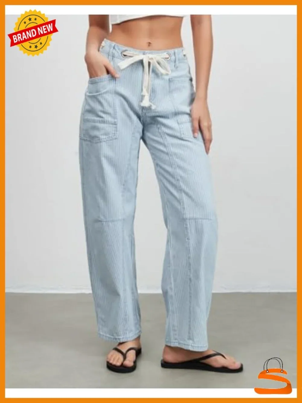 Striped Barrel Jeans Mid Rise Wide Leg Baggy Y2K Loose Drawstring Casual Pants